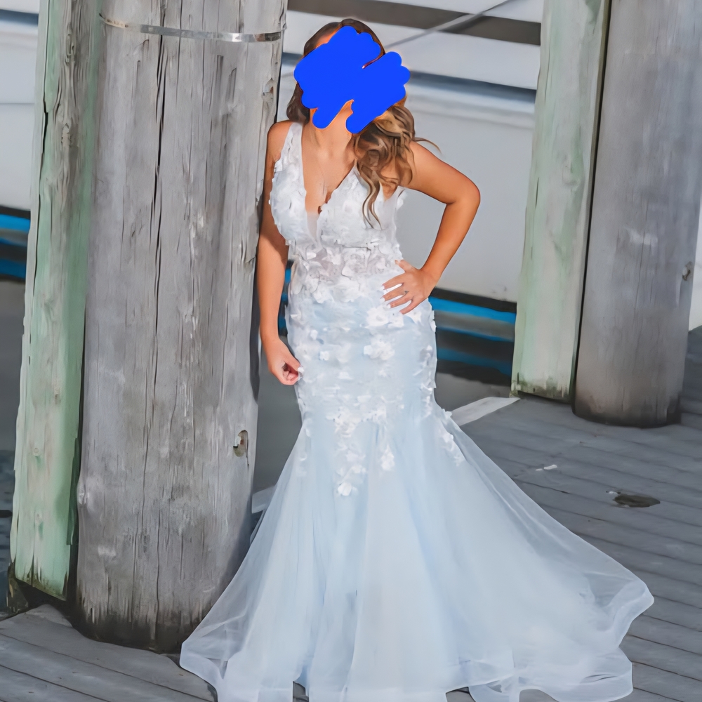 Jovani White and Light Blue Lace Gown